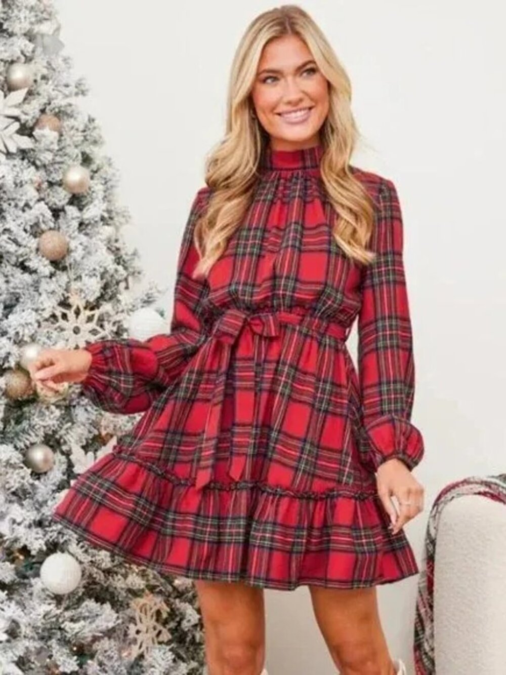 Cupshe Plaid Frill Dress M Red Belted Stand Collar Long Sleeve
